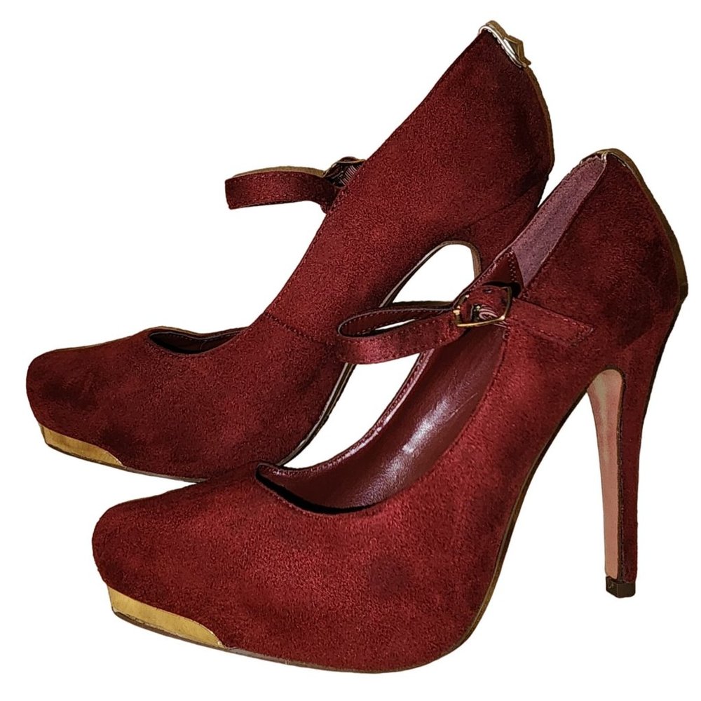 Women's Heart in D Maroon Platform Heels with Gold Details 8 Strappy Faux Suede
